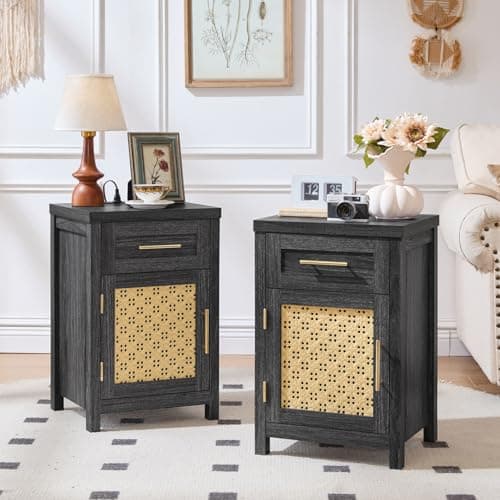 YUFAM Small Nightstand Set of 2 - Boho Rattan Night Stand with Type-C Charging Station for Bedroom, Nightstands w/Drawer for Small Space, Wood Bedside Table w/Adjustable Storage Shelf, Dark Grey - Image 1