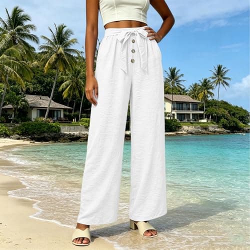 Linen Wide Leg Pants for Women, High Waisted Button Work Casual Flowy Tie Knot Trousers with Pockets, Lightweight Breathable Summer Vacation Beach Office Work Womens Palazzo Pants 2026WhiteS - Thumbnail 2