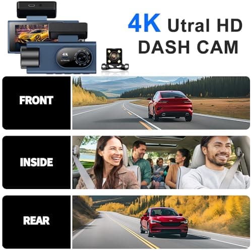 Dash Cam Front Rear Inside, 4K Full HD Dash Camera for Cars, Included 64GB Card, Built-in Wi-Fi, 3” IPS Screen, Night Vision, 170°Wide Angle,Loop Recording, APP Control (3Channel Dashcam+64G) - Thumbnail 2