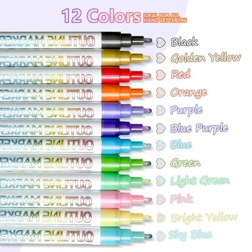 Glitter Markers Outline Pens Metallic Shimmer Marker, 12 Cute Tween Teen Girl Gifts Cool Trendy Stuff Drawing Art Supplies for 6-8 9-12 10-12 Year Old Kids, Fun Arts Crafts Kids Ages 8-12 Year Old - Thumbnail 3