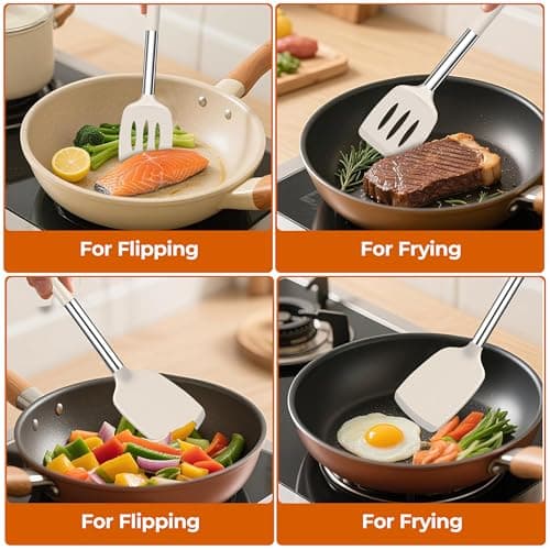 FINENUT Silicone spatula Solid&Slotted Turner Set of 2, for Flipping Fish Pancake Egg,Scratch-Proof for Nonstick Pans,446°F High Heat Resistant BPA-Free Kitchen Cooking(Khaki) - Thumbnail 2