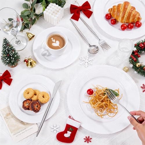 FLOWERCAT 100PCS White Plastic Plates - Heavy Duty Plastic Plates Disposable-Straw hat plates for Christmas party &Wedding/New Year - Serve for 50guests party(10inch & 7inch)(White) - Thumbnail 2