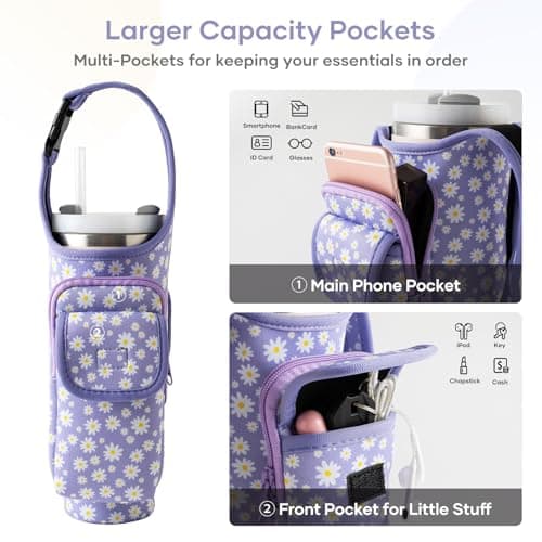 Carrier Bag with Phone&Flap Pockets for Stanley 40/30oz Tumbler with Handle, Insulated Neoprene Cup Holder Carrier Bag w/Shoulder & Handheld Strap Fits Stanley Cup Accessories (Purple Daisy, 40oz) - Thumbnail 5