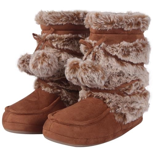 Forfoot House Slippers, Indoor Faux Fur Boots Slippers Warm Fleece Lining Moccasins Women Soft Sole Lace Pom Poms Home Shoes Size 11/12 - Image 1