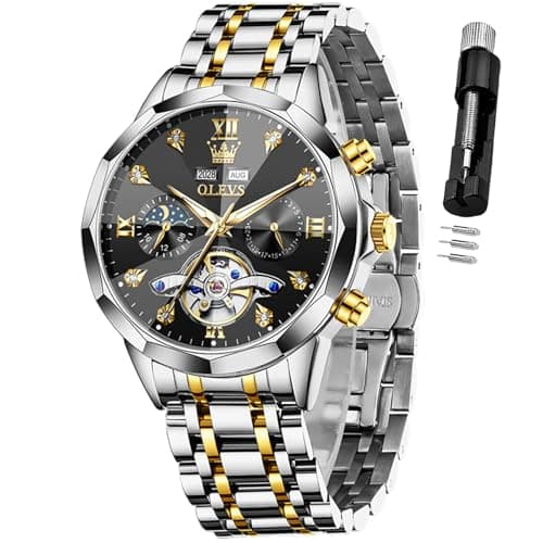 OLEVS Automatic Watches for Men Black Luxury Sliver and Gold Mechanical Waterproof Men Wrist Watch Fashion Self Winding Mens Watches Two Tone Stainless Steel No Battery Watch Reloj para Hombre - Image 1