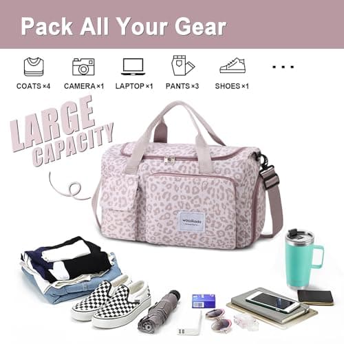 WOOMADA Foldable Travel Duffel Bag with Shoes Compartment, Overnight Bag with Wet Pocket & Trolley Sleeve, Weekender Bags for Women(A-pink leopard) - Thumbnail 3