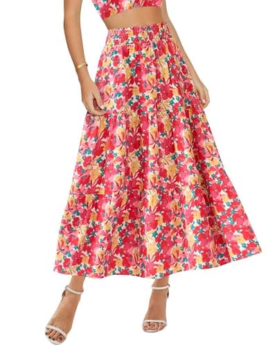 BTFBM Skirts for Women Summer 2026 Floral Print A Line Elastic High Waist Boho Maxi Skirt Spring Fashion Clothing Pocket(Floral Red Yellow, XX-Large) - Image 1