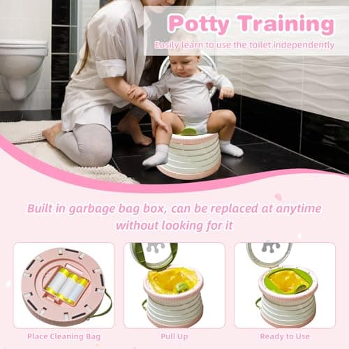 2025 Upgraded Portable Potty Training, Foldable Toilet,Travel Potty for Toddler, Apply to Seat Emergency Toilet for Camping, Outdoor, Car, Indoor, Including 3 rolls of garbage bags (White-Pink) - Thumbnail 3