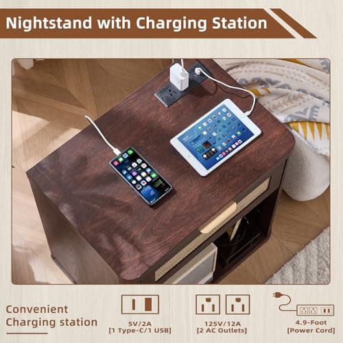 LEYAOYAO Rattan Nightstands Set of 2 with Charging Station, 23" Wide Boho Night Stand with Drawer, Walnut Bedside Table Open Cabinet, Bed Side End Table Dresser for Bedroom, Living Room, Hallway - Thumbnail 5