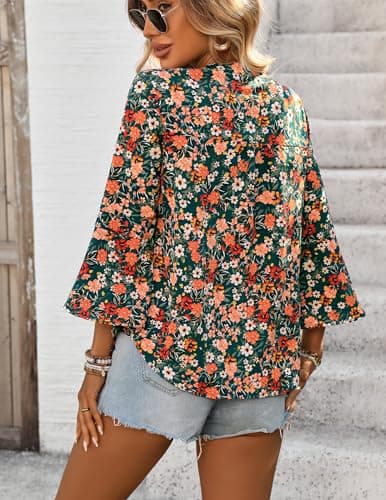 LOOKBOHO Tops for Women 3/4 Sleeve Floral Boho Blouses Sleeve Button V-Neck Casual Business Shirts Orange S - Thumbnail 3