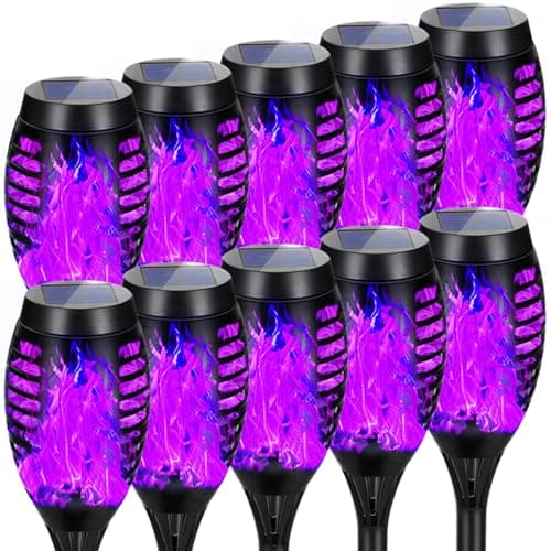 AOUNQ Solar Lights Outdoor, Upgraded 10 Pack Purple Solar Torch Lights Outdoor Flickering Flame for Garden Decor, Waterproof Outdoor Lights Solar Powered, Tiki Torches for Outside Yard Pathway Decor - Image 1