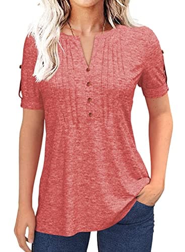Women's Zipper Summer Pleated Button Short Sleeve T-Shirt Summer V-Neck Solid Color Casual top Pink - Image 1