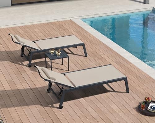 PURPLE LEAF Outdoor Oversized Lounge Chair Set of 3 Patio Chaise Pool Lounger Aluminum Frame with Side Table and Wheels for Outside Sunbathing Tanning Recliner Including Pillows Beige - Image 1