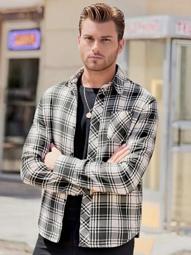 BAYAMO Men's Flannel Button Down Shirt Casual Plaid Long Sleeve Fall Jacket Lightweight Soft Tops with Pockets White L - Thumbnail 4