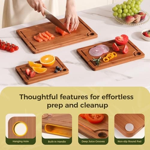 Bamboo Cutting Board for Kitchen, 3-Piece Set with Juice Grooves, Side Handles & Non-Slip Mats – Durable Bamboo Chopping Board for Meat, Vegetables and Fruits - Thumbnail 5