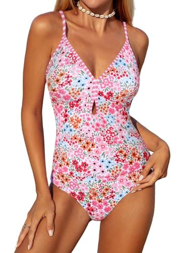 ZAFUL Two Piece Womens Tankini Swimsuits V Neck Color Blocked Plaid Tummy Control Swimsuit with Wigh Waist Briefs Swimwear Floral XL - Image 1
