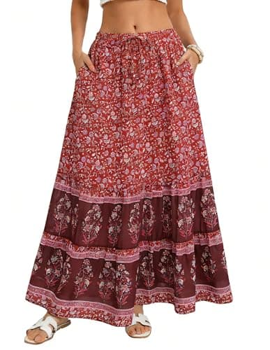Kate Kasin Womens Red Maxi Long Skirt, Summer Flowy Boho Floral Skirts, Beach Vacation Fashion Outfit 2026 L - Image 1