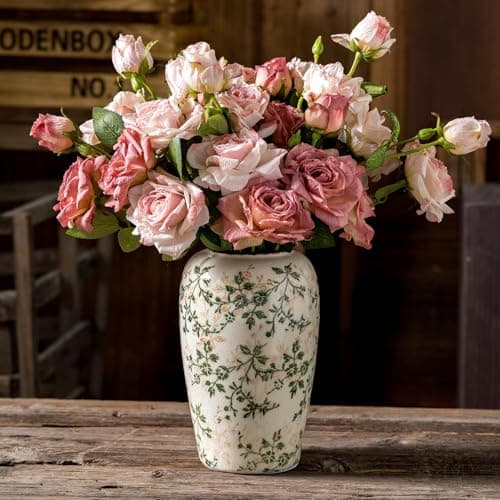 Vintage Pastoral Green and Beige Flower Vase, Ceramic Floral Vases, Retro Ice Cracked Chinoiserie Vase for Home Cottage Core Decor, Bookshelf, Office, Mantel, Wedding Rustic Table Centerpiece 8.5 Inch - Image 1