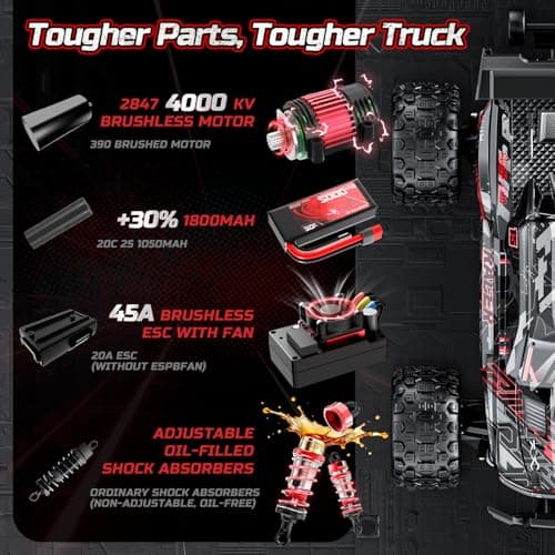 DEERC Fast RC Car for Adults, 1/14 Brushless Remote Control Car/Truck, 46+ MPH High Speed 4WD Off Road Waterproof All-Terrain, 2×3S LiPo Batteries - Thumbnail 6