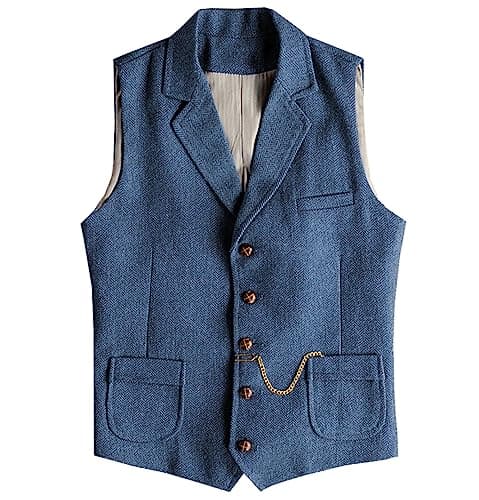 AeoTeokey Men's Tweed Suit Vest Western Herringbone Wool Casual Waistcoat for Groomsman (Light Blue,X-Large) - Image 1