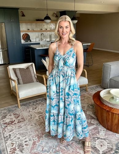 Women's Maxi Dress Casual Boho Sleeveless Spaghetti Strap Smocked Long Beach Sun Dresses with Pockets - Thumbnail 6