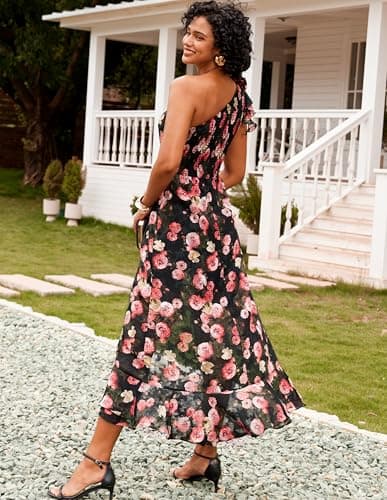 GRACE KARIN Women 2026 Summer One Shoulder Dresses Sleeveless Floral Flowy Boho Smocked Maxi Sundresses Black 8 - Thumbnail 3