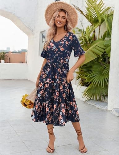 Zeagoo Summer Midi Dresses for Women Casual Short Sleeve V Neck Flowy Long Dresses Tiered Swing Beach Dress with Pockets Navy Blue Floral - Thumbnail 4