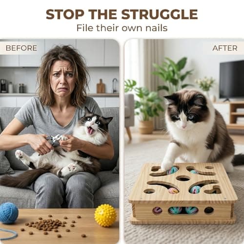 EIODEAR Cat Nail File Scratcher with 3 Sandpaper Pads, 4 Bell Balls, 8 Screw, Solid Wood Cat Scratch Puzzle Enrichment Box Nail Filer Box Toy to File Nails, Cat Treat Box for Treat-Motivated Cats - Thumbnail 4