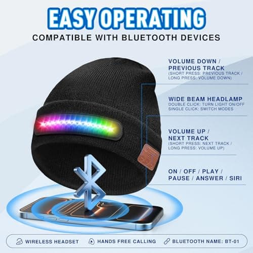 Stocking Stuffers for Adults Men, Bluetooth Beanie Hat with Light, Christmas Stocking Stuffers for Teen Boys, White Elephant Gifts for Adults Him Boyfriend Dad Husband, Gifts for Men Who Want Nothing - Thumbnail 2