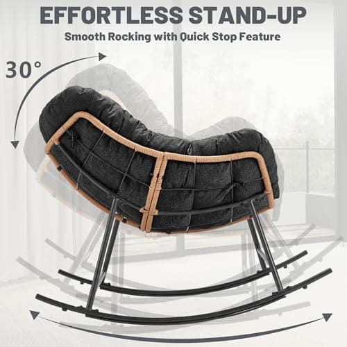 TEROL Outdoor Comfy Rocking Chair with Thick Cushion, Rattan Rocker Egg Chair Indoor with Straps, Patio Rocking Chair 450lbs for Garden, Backyard, Balcony, Lawn, Bedroom, Living Room (Black) - Thumbnail 5