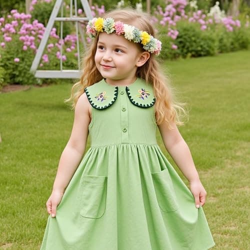 Little Bitty Girls Cotton Embroidered Peter Pan Collar Sleeveless Summer Party Birthday Sunshine A Line Dress Green 4T - Thumbnail 5