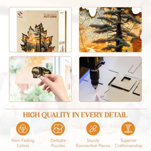 Wooden Puzzles for Adults, Brown Bear Autumn Maple Leaf Wooden Jigsaw Puzzle, Unique Animal Shaped Wood Puzzles Adult, Creative Gifts for Friends/Family/Puzzle Lovers, Home Decor(S-8.5 * 7.9in 90pcs) - Thumbnail 5