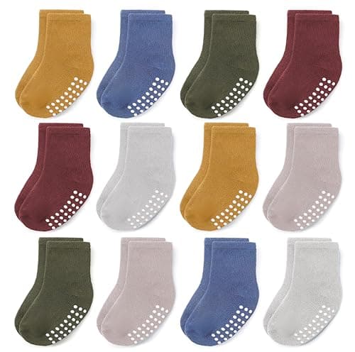 JAKIDAR 12 Pack Baby Toddler Socks Non Slip Grip Cotton Crew Socks for Boys Girls Infants Kids, Berry Palette, 12-24M - Image 1