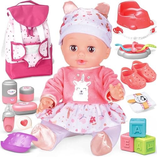 SMILESSKIDDO Baby Doll with Backpack Carrier, 14'' Realistic Dolls with Accessories, Includes Feeding Playset, Baby Care Set, Toddler Pretend Play Babydoll Toys for 1 2 3+ Year Old Kids Girls - Image 1