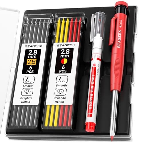 STAGEEK Carpenter Pencils Set with Sharpener, Heavy Duty Woodworking Tools with 13 Refills (Red, Black, Yellow), Construction Pencil and Deep Hole Long Nib Marker Pen for Architect Marking with Case
