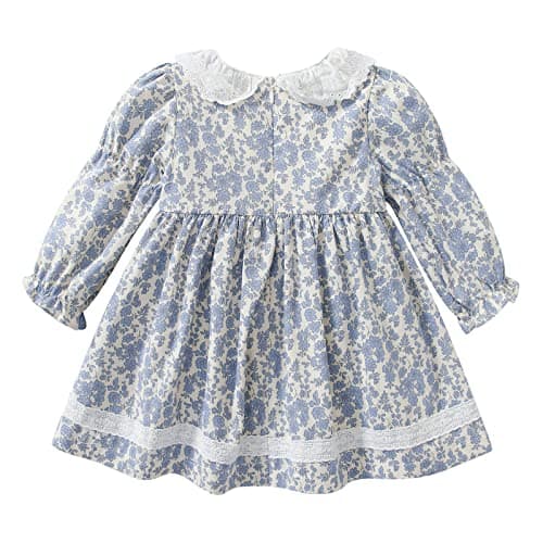 Simplee kids Baby Girls Smocked Dress Handmade Fall Casual Dresses Floral Print Sundress Princess Dress for Toddlers Light Blue 12 Months - Thumbnail 3