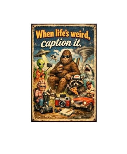 When Life’s Weird Caption It Metal Tin Sign Funny Retro Alien Sasquatch Raccoon UFO Wall Decor Vintage Humor Poster 8x12 Inch Iron Art Plaque Bar Pub Office Decor - Image 1