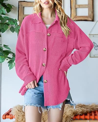PRETTYGARDEN Women's Button Down Shirts 2026 Spring Long Sleeve Textured Tops Oversized Shacket Jacket Knit Blouses(Rose Red,Small) - Thumbnail 3