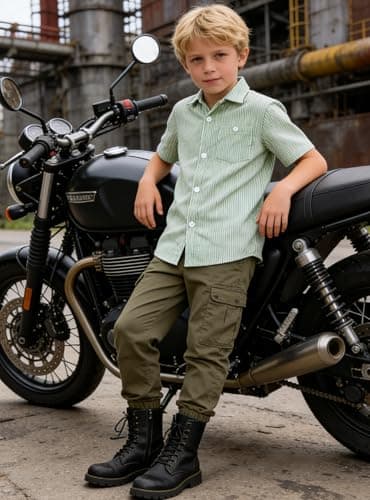 Cozople Boys Button Down Short Sleeve Shirts Lightweigh Soft Seersucker Shirt with Curved Hem Hawaiian Aloha Tops Cusual Chest Pockets Green Stripe - Thumbnail 3