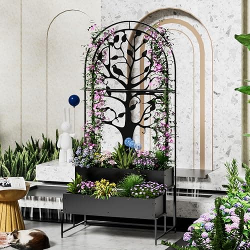 Arched Outdoor Planter Box with Trellis for Climbing Plants, 2 Tiers Metal Privacy Planters for Patio, Tall Raised Garden Bed with Legs, for Vegetables, Fruits, Balcony, 75.2 x 22 x 34.6 Inch, Black - Thumbnail 6