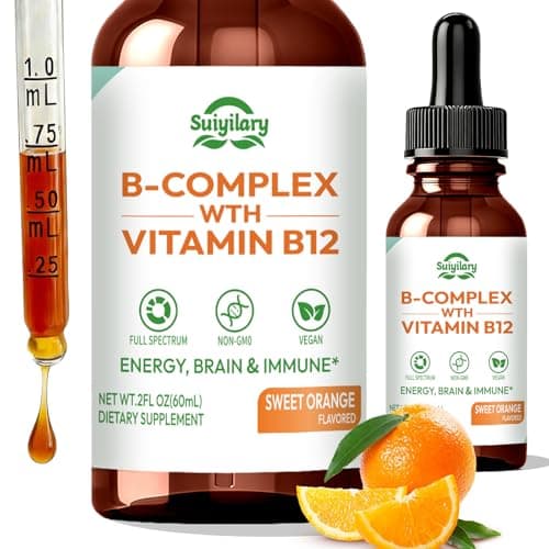 Suiyilary Vitamin B Complex Liquid Drops, B12 Methylcobalamin, B9 Folic, Vitamin C, Immune, Energy Metabolism, Brain & Heart Support, Orange Flavor, 60ml - Image 1