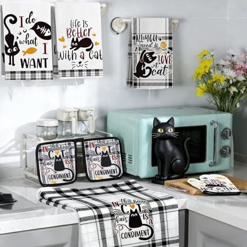 Vetoxka 8 PCS Black Cat Decor Kitchen Decor and Accessories - 4 Dish Towels Set 2 Oven Mitts and Pot Holders Sets for Cat Lover Cooking Baking Cute Kitty Kitten Plaid Lightweight Housewarming Gifts - Thumbnail 4