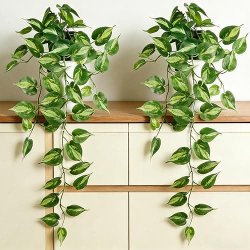 CCPanda Fake Pothos Hanging Plants with Pots, 33.5" Set of 2 Faux Ivy Vines, Realistic Silk Artificial Plants Greenery for Home Indoor Decor, Living Room, Desk Shelf, Bathroom Decoration - Image 1