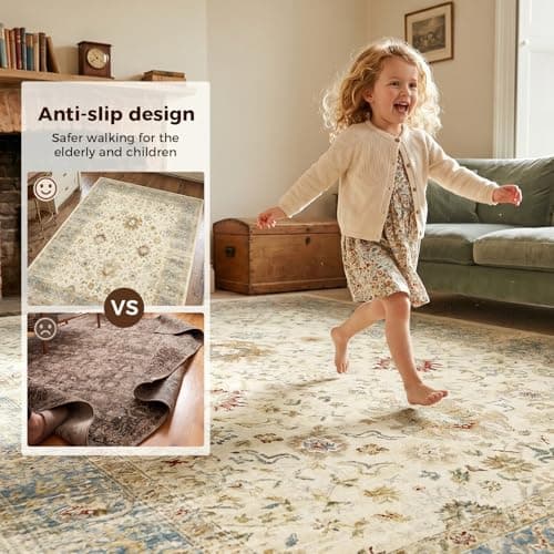 6x9 Feet Washable Vintage Bohemian Floral Area Rug - Non-Slip Foldable Floor Mat for Living Room, Bedroom, Dining Room, Kids Room, Office, Farmhouse Decor Carpet Christmas Rugs (Beige and Blue) - Thumbnail 2