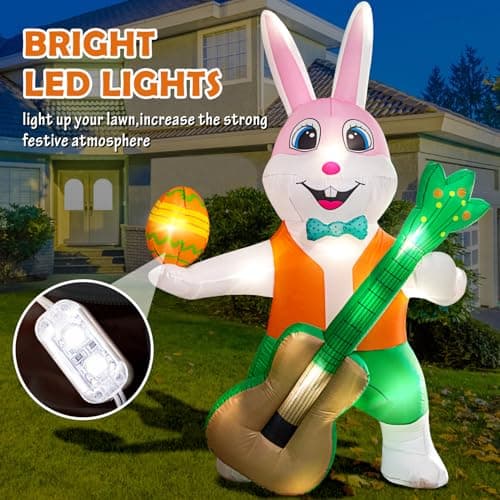6FT Easter Inflatables Yard Decorations,Blow Up Guitar Rabbit with LED Light for Easter Decorations Clearance,Easter Holiday Party Garden Home Indoor Outdoor Lawn Decor - Thumbnail 3