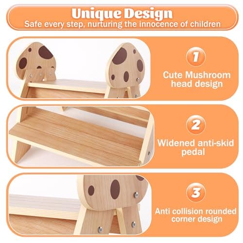 Novarieth Beech Wooden Toddler Step Stool, 2-Step Foldable Stool for Kids with Non-Slip Surface, Baby Bathroom Stool for Potty Training, Bathroom Sink, Kitchen Counter with Cute Mushroom Design - Thumbnail 5