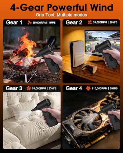 Efficore Durable Compressed Air Duster, 110K RPM Brushless Motor, 15W Fast Charge; Cordless Electric Air Duster, 4 Gears Adjustable; Rechargeable Air Blower for PC, Car, House, Outdoor Cleaning,Black - Thumbnail 5