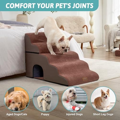 COZY KISS Wide Dog Stairs with Tunnel, Foam Detachable Large Dog Step for Small Pet, Puppy or Cats, Medium Pet Ramp for High Bed, Couch, Sofa or Car, 19.7x33x22.4 inch, 5 Step, Brown - Thumbnail 6
