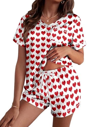 Ekouaer Silk Pajama for Women Short Sleeve Satin Pj Set Two Piece Soft Sleepwear Loungewear Casual Pjs for Summer Red Heart M - Image 1