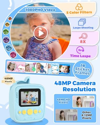 Kids Camera Instant Print, Christmas Birthday Gifts for Kids Age 3-8, 48MP &1080P Kids Camera with Print Paper, Portable Toy Instant Camera for Kids 3 4 5 6 7 8 9 10 Year Old Boys Gifts/Girl Gifts - Thumbnail 4